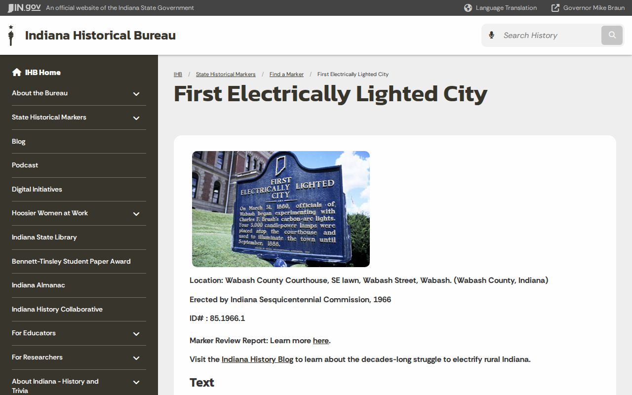 Indiana marker for Wabash as the first electrically lighted city