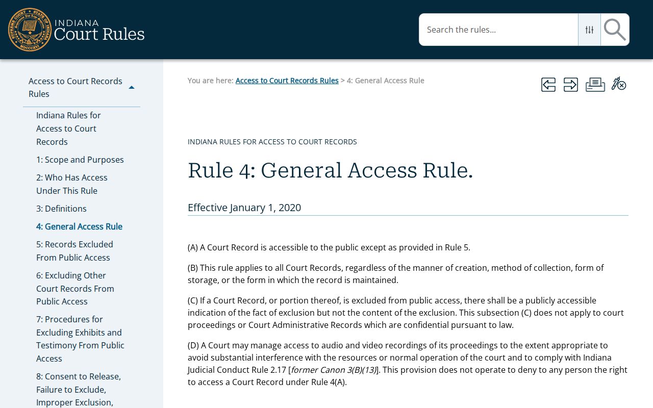 Indiana Access to Court Records Rule 4 public access presumption