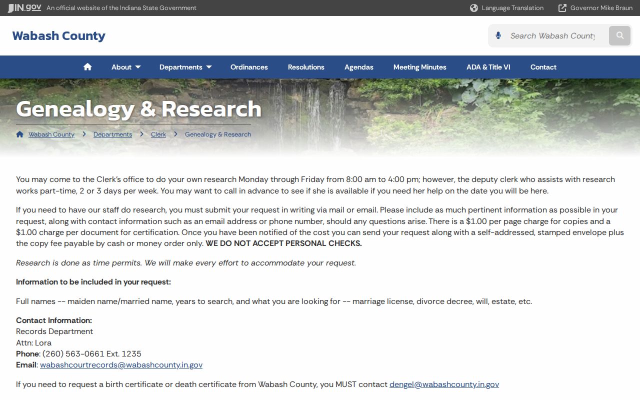 Wabash County Clerk genealogy and court records research request page