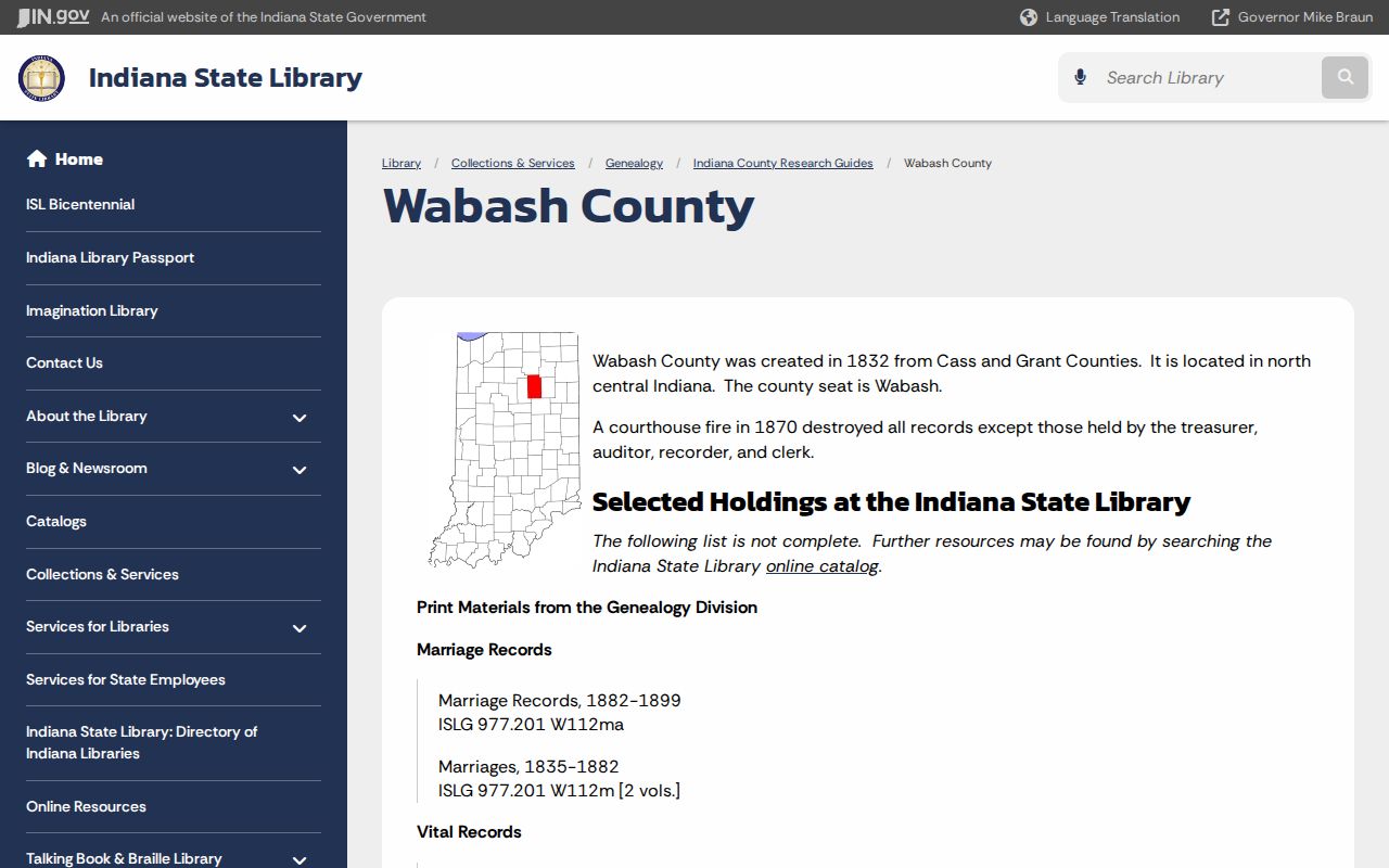 Indiana State Library Wabash County historical records research guide
