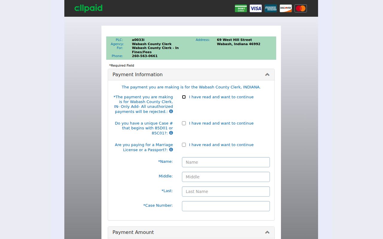 Wabash County Clerk GovPay case payment form