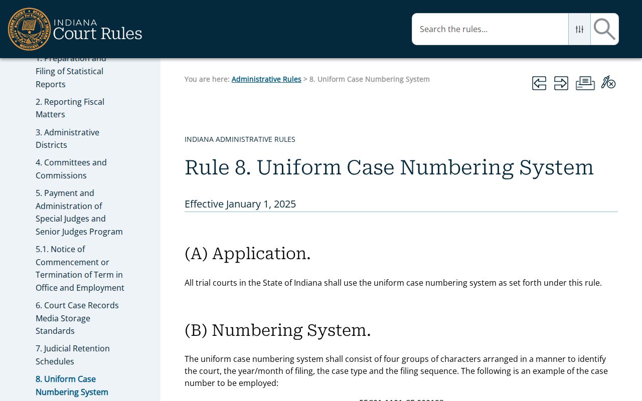 Indiana Administrative Rule 8 court identifier provisions