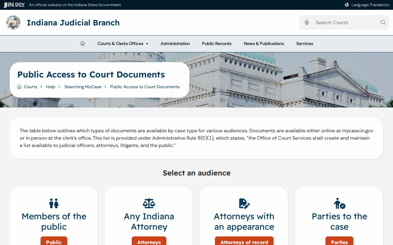 Indiana MyCase online document access matrix